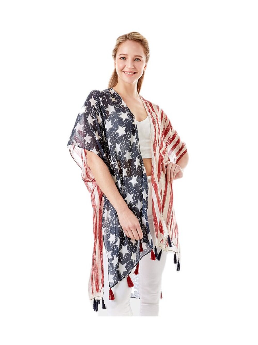 Tigerstars American Flag Printed Tassel Poncho